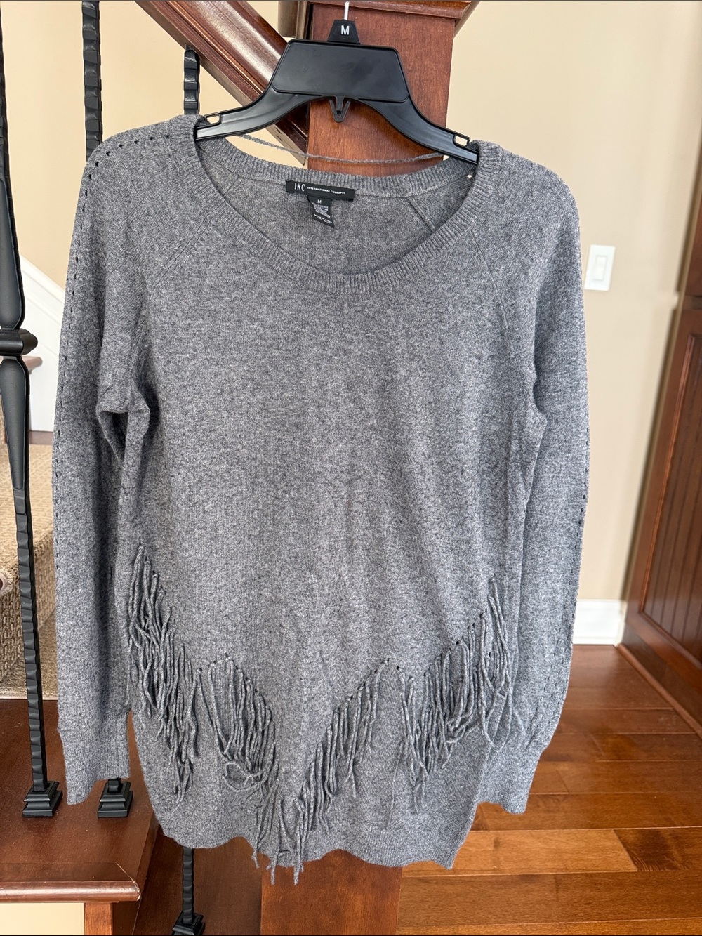 INC International Concepts Gray Fringe-Hem Crewneck Sweater